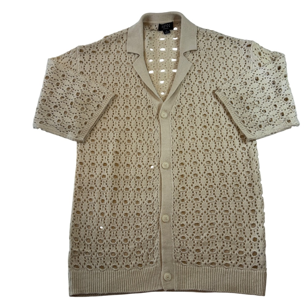 Boohoo Man Beige Crochet Knit Button Up ‎ Cardigan Men's Size M Grandpacore
